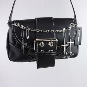 Gothic Crossbody Bag Purse Baguette Clutch Safety Pins Crosses Chain Pendants - Picture 1 of 19