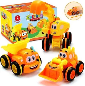 Toys for 2-Year-Olds – 3 Friction Powered Trucks, Push & Go Cartoon Construction - Picture 1 of 10