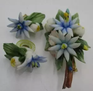 Vtg Bone China Bisque Floral Flower Bundle Brooch Pin Earrings Set Blue Orchid - Picture 1 of 1