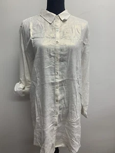 Tahari Ivory Shiny Button Up Shirt Dress Tunic Roll Tab Sleeves Linen Blend L - Picture 1 of 10