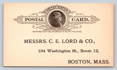 1886 UX9 ANTIQUE Postal Card 1c UNPOSTED Preprint MESSRS. CE LORD & CO Boston MA - Image 1 of 3