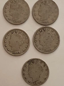 Liberty Head Nickels (5) - 1901, (2) 1903, 1904, & 1907 - Picture 1 of 10