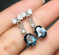 3Ct Oval Blue Topaz Lab Created London Drop/Dangle Earrings 14KWhite Gold Plated