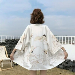 Ladies Crane Japanese Kimono Coat Loose Yukata Outwear Tops Vintage Harajuku - Picture 1 of 15