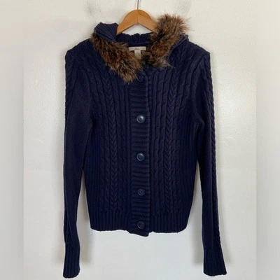 Bass Women's Cable Knit Faux Fur Hooded Cardigan Sweater XL Blue 90s Y2K Bella - Image 1 of 4