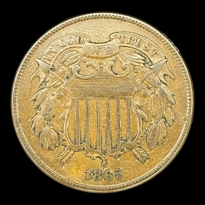 1865 Two Cent Piece GREAT EXAMPLE! 2c USA 2 Cents Antique Copper Coin - Image 1 of 2