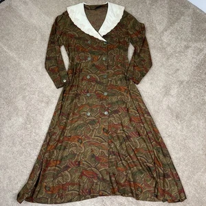 Vestido Vintage Hecho a Mano Para Mujer L Marrón Cachemira Doble Pecho Cuello Marinero Midi - Imagen 1 de 10