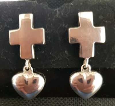 HEART & CROSS ✝️ UNISEX STERLING SILVER DANGLE EARRINGS. - Image 1 of 4