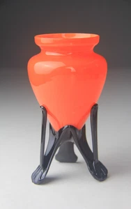 VTG Czech Tango Orange & Black Art Glass Footed Vase Michael Powolny Style - Picture 1 of 12