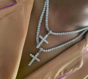 Großes Kreuz Halskette Tennis Kette Kristall Strass Choker Halskette Damen Halsband - Bild 1 von 10