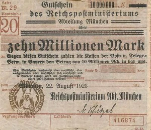 Reichspost München - 10 Millionen Mark - 22.08.23  - Bild 1 von 2