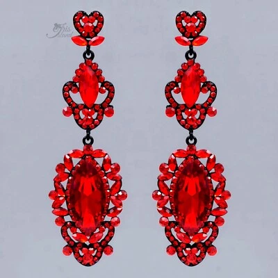 红色悬垂吊灯耳环水晶水钻黑色金属女式婚礼舞会 — 第 1/4 张图片