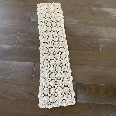 Vintage Off White Handmade Embroidered Crochet Lace Table Runner 45" x 11" - Image 1 of 4