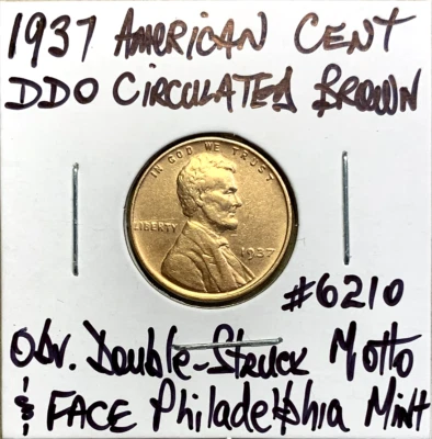 1937 American Cent Circulated Brown DDO Motto, Face & Head Philly Mint Lincoln - Image 1 of 4