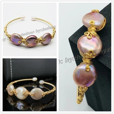 Brazalete Brazalete Natural Blanco/Púrpura Colorido Barroco Moneda Perla Hecho a Mano Incrustación Foto 1 de 4