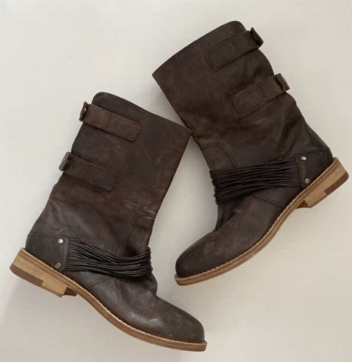 Botas de Motociclista Eileen Fisher Cuero Envejecido Snap Convertibles Marrón 7 NUEVAS Foto 1 de 4