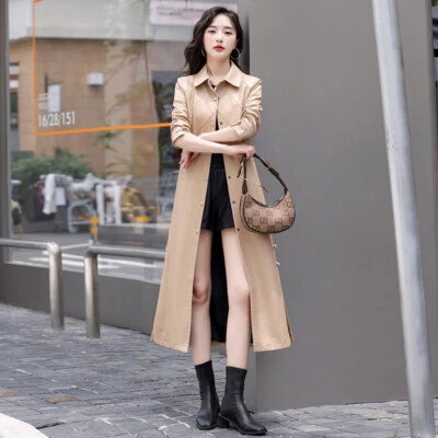 Ladies PU Leather Trench Jacket Women's Long Jacket New Leather Windbreaker - Image 1 of 4