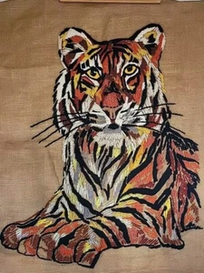 Vintage Crewel Tiger X-large NOT Framed 70's 33x26 Yarn Embroidery - Picture 1 of 16