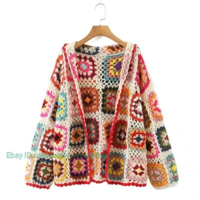 Women Crochet Granny Square Handmade Cardigan Knit Rainbow Hooded Cardigan Boho - Image 1 of 4
