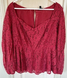 NWT Torrid Womens Size 1 Red Puff Long Sleeve V-neck Lace Blouse - Picture 1 of 4
