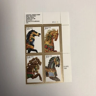 STAMPS SCOTT US #2976-79 1994 32c CAROUSEL HORSES PLATE BLOCK OF 4 MNH - Image 1 of 2