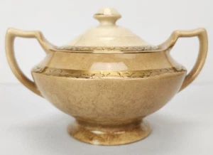 VTG The Etched Design S.P.Co USA 14K Gold Porcelain Sugar Bowl Lid Handles Beige - Picture 1 of 22