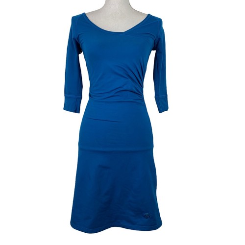 VETEMENTS Abito Mountain Hardwear taglia XS blu aderente increspato lato ginocchio corto