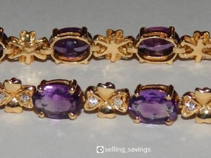18K YELLOW GOLD AMETHYST DIAMOND 5MM WIDE FLORAL HEAVY TENNIS BRACELET 7.6 INCH - Picture 1 of 12