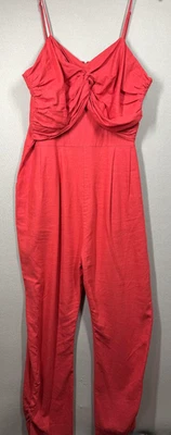 Farm Rio Jumpsuit Womens L Red Linen Blend Ruched Bow Front Pockets Sleeveless - Image 1 of 4