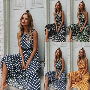 👗Womens Summer Polka Dot Maxi Dress Ladies Beach Holiday Long Dresses Sundress@ - Picture 1 of 26