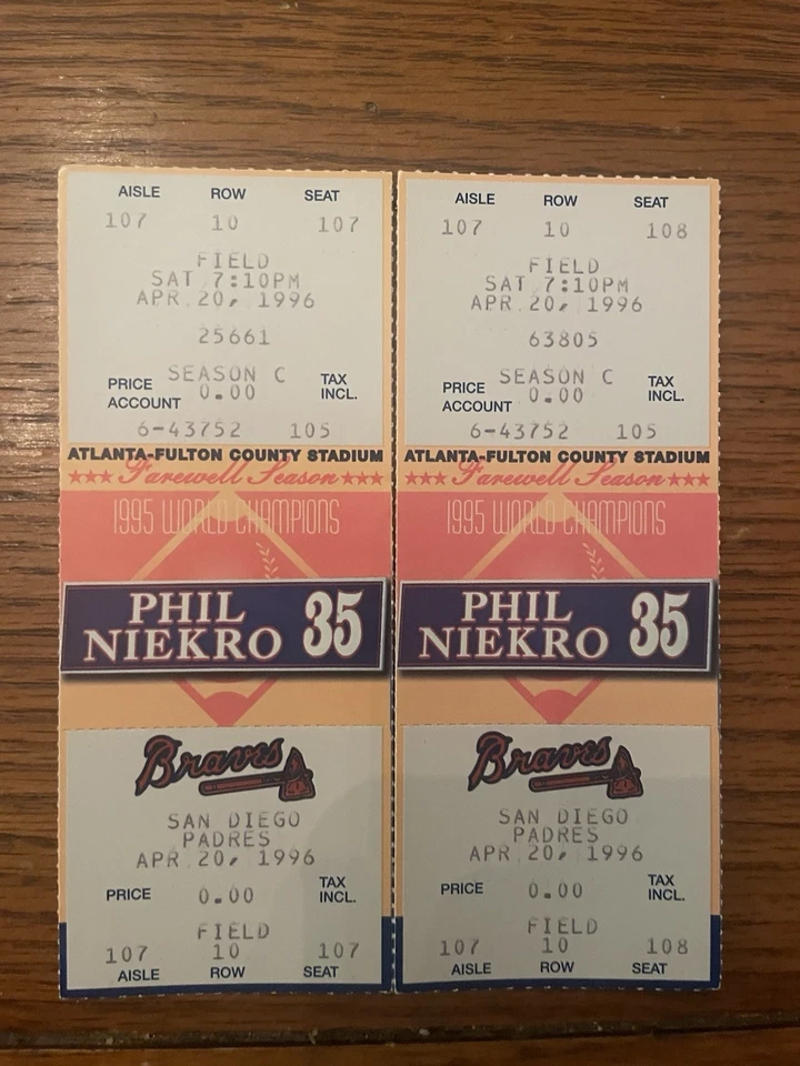 1996 Atlanta Braves - бейсбольный билет 4/20/96 Atlanta Braves/San Diego - Изображение 1 из 1