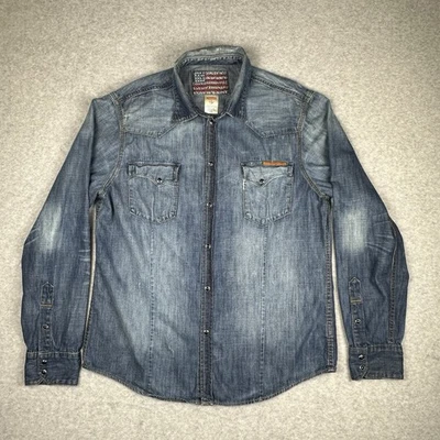 True Religion Mens XXL Distressed Denim Pearl Snap Western Shirt Casual Biker - Image 1 of 4