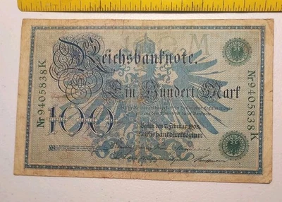 Billete de 100 marcos de Alemania antigua 1908 *sellos verdes* Foto 1 de 2