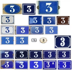 Old blue brown French house number 3 door gate wall plate plaque enamel sign - Picture 1 of 19