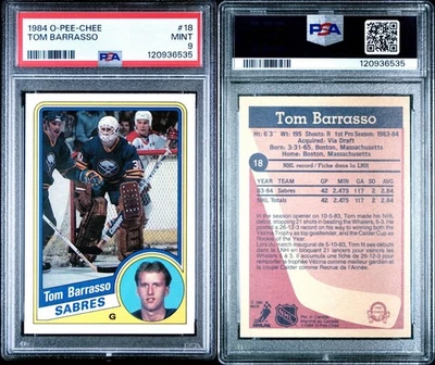 1984 O-Pee-Chee Tom Barrasso #18 PSA 9 MINT NHL HOF SABRES - Image 1 of 4