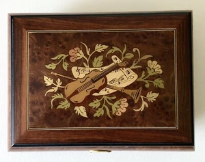Vintage Made in Italy Violine & Horn eingelegt Holz San Francisco Musik Schmuck Box - Bild 1 von 14