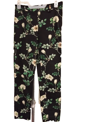 Pantalones al Tobillo H&M Negros Florales Talla 6 Elastizados Pierna Recta Lateral Cremallera Cinturón Lazos Foto 1 de 4