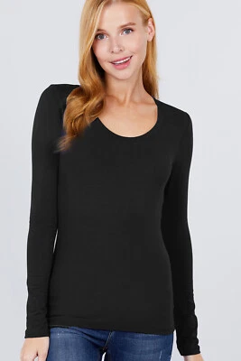 Womens Scoop Neck Cotton Long Sleeve T-Shirt Plain Stretch Fitted Layering - Image 1 of 4
