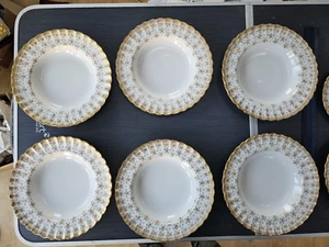 6 Spode Fleur De Lys Gold Rimmed Soup Bowls Y8063 British Porcelain 1st Quality - Picture 1 of 16