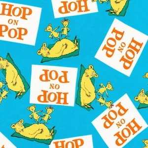 Dr Seuss Fabric - Hop on Pop - Title Squares - Blue - 100% Cotton - Picture 1 of 1