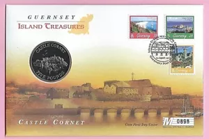 GUERNSEY 1997 FDC - CASTLE CORNET £5 CUBIERTA DE MONEDA - ISLAND TREASURES - Shs - Imagen 1 de 3