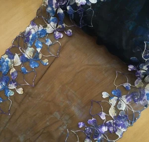 3 Yard 12" Wide Black Tulle Mesh Lace with Embroidered Colorful Flower xh076 - Picture 1 of 2