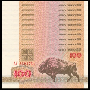 Lot 10 PCS, Belarus 100 Rubles Rublei, 1992, P-8, UNC, 1/10 Bundle - Picture 1 of 2