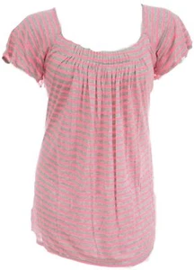 Womens Grey Pink Stripe T shirt Tunic Top Gathering Detail Square Neck Top - Picture 1 of 3