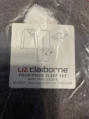 Liz Claiborne Mujer Estampado Animal 4 Piezas Pantalón Pijama Conjunto Manta Calcetines M Gris Foto 1 de 4