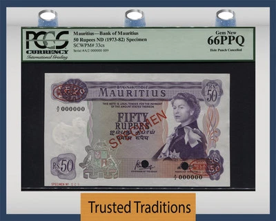 TT PK 33cS 1973-82 MAURITIUS 50 RUPEES QUEEN ELIZABETH II PCGS 66 PPQ GEM NEW!  - Image 1 of 2