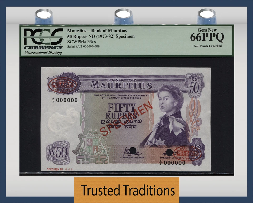 TT PK 33cS 1973-82 MAURITIUS 50 RUPEES QUEEN ELIZABETH II PCGS 66 PPQ GEM NEW!  - Image 1 of 2