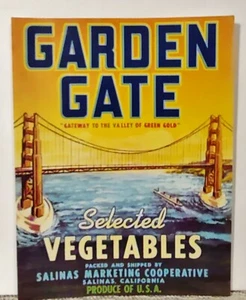 Vintage! MCM Produce Label RARE Garden Gate Bridge San Francisco Decor Golden  - Bild 1 von 2