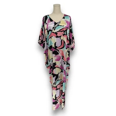 Vintage 1980s Mary McFadden Black Neon Abstract Kimono Sleeve Kaftan Maxi Dress - Image 1 of 4