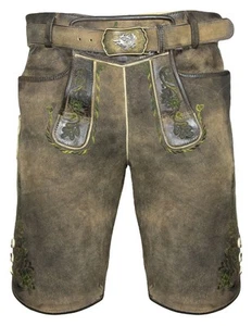 MADDOX Kurze Trachten Lederhose "Plattspitz" mit Gürtel | Antik Zirbe mit Grünem - Bild 1 von 8